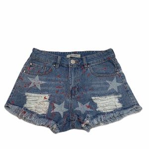 Refuge Star Print Paint Splatter Distressed Shorts